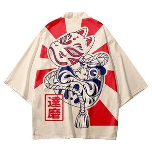 Плащ Хаорі Накидка в японському стилі Дарума і маска кіцуне Daruma kitsune mask 2913009370 фото